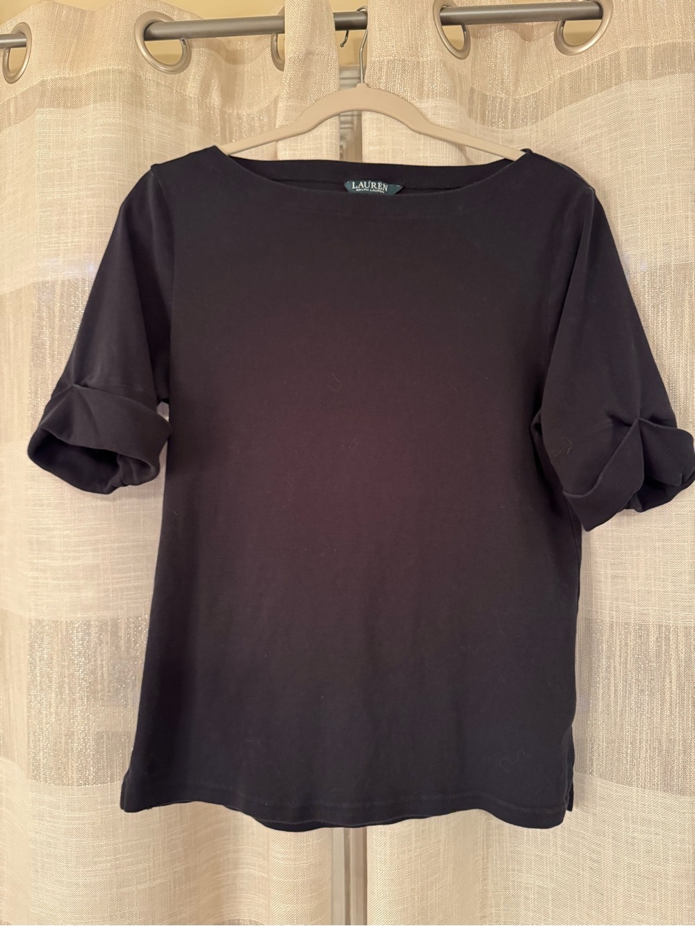 Lauren Ralph Lauren Black Boatneck Short Sleeve Top with Rolled Cuffs